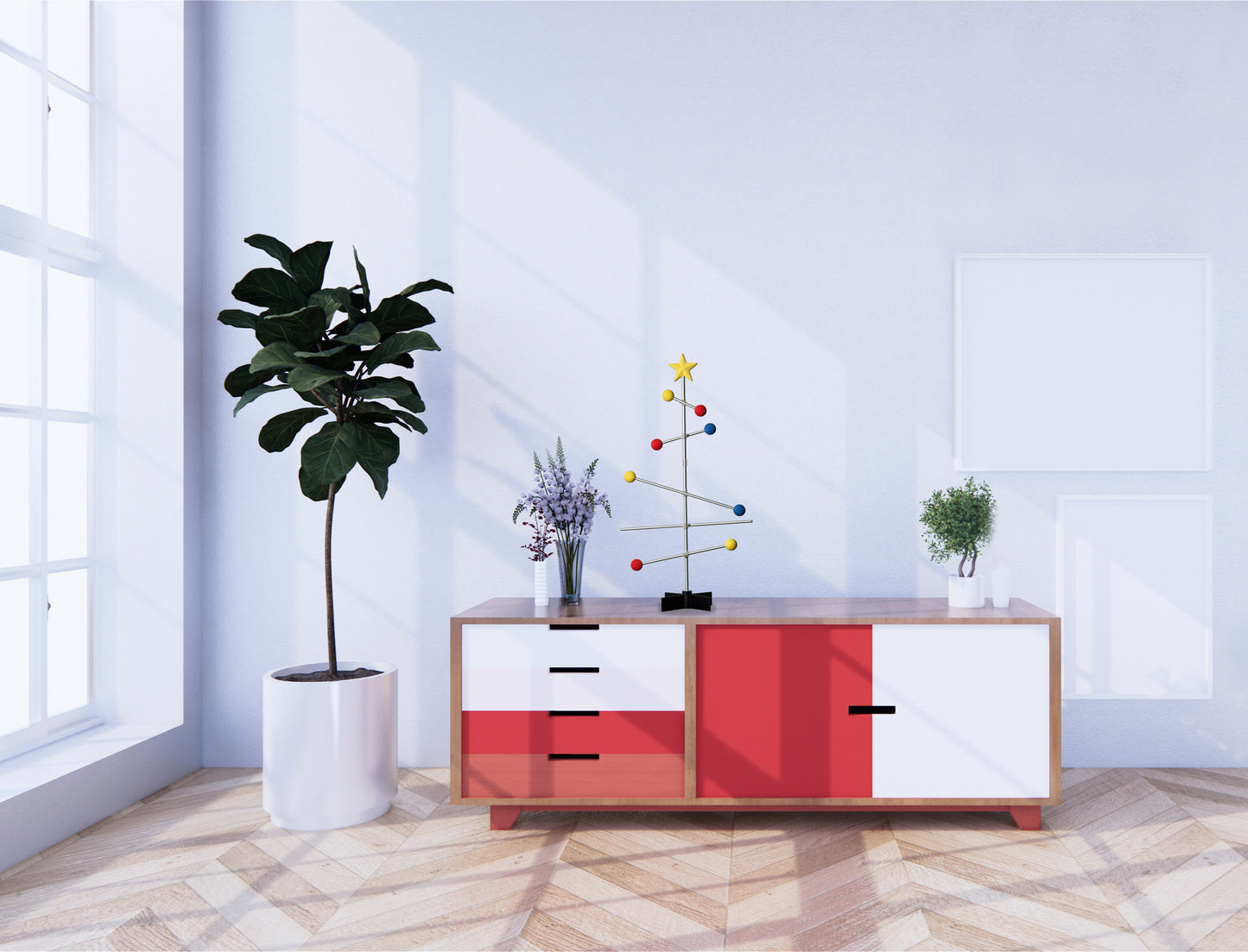 Modern sideboard with red and white design in a minimalistic room with a plant and decorative Bauhaus colored Christmas tree stand on the shelf.