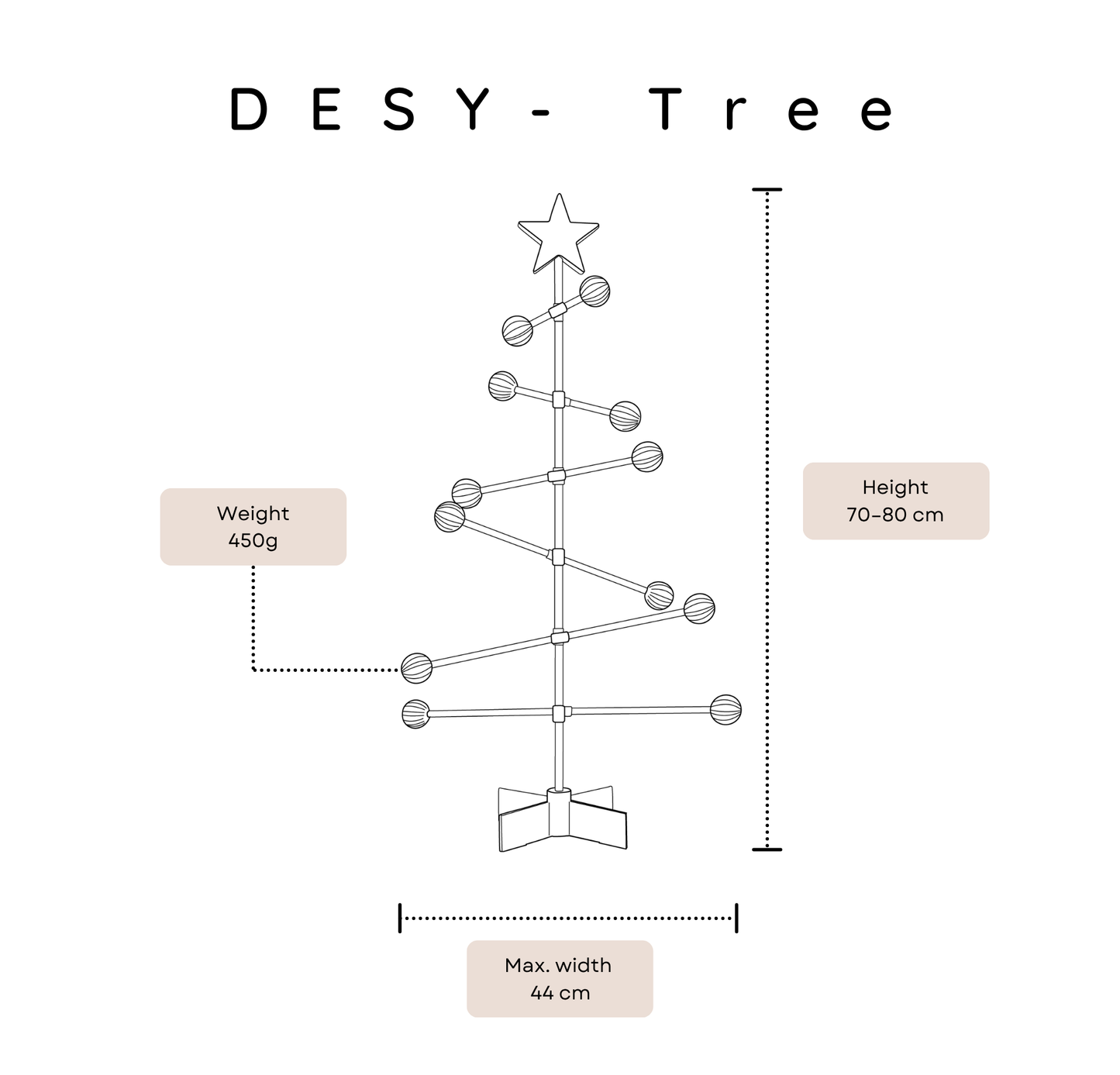 Diagram of a DESY Tree with measurements and weight information on a white background
