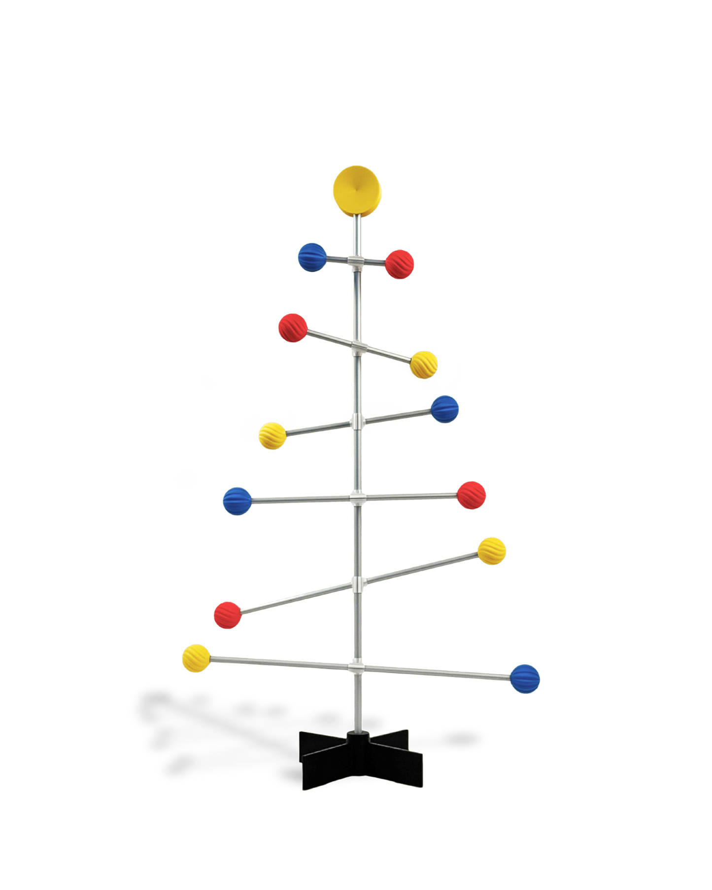 Modular Bauhaus metal Christmas tree with yellow, blue, and red balls ornament