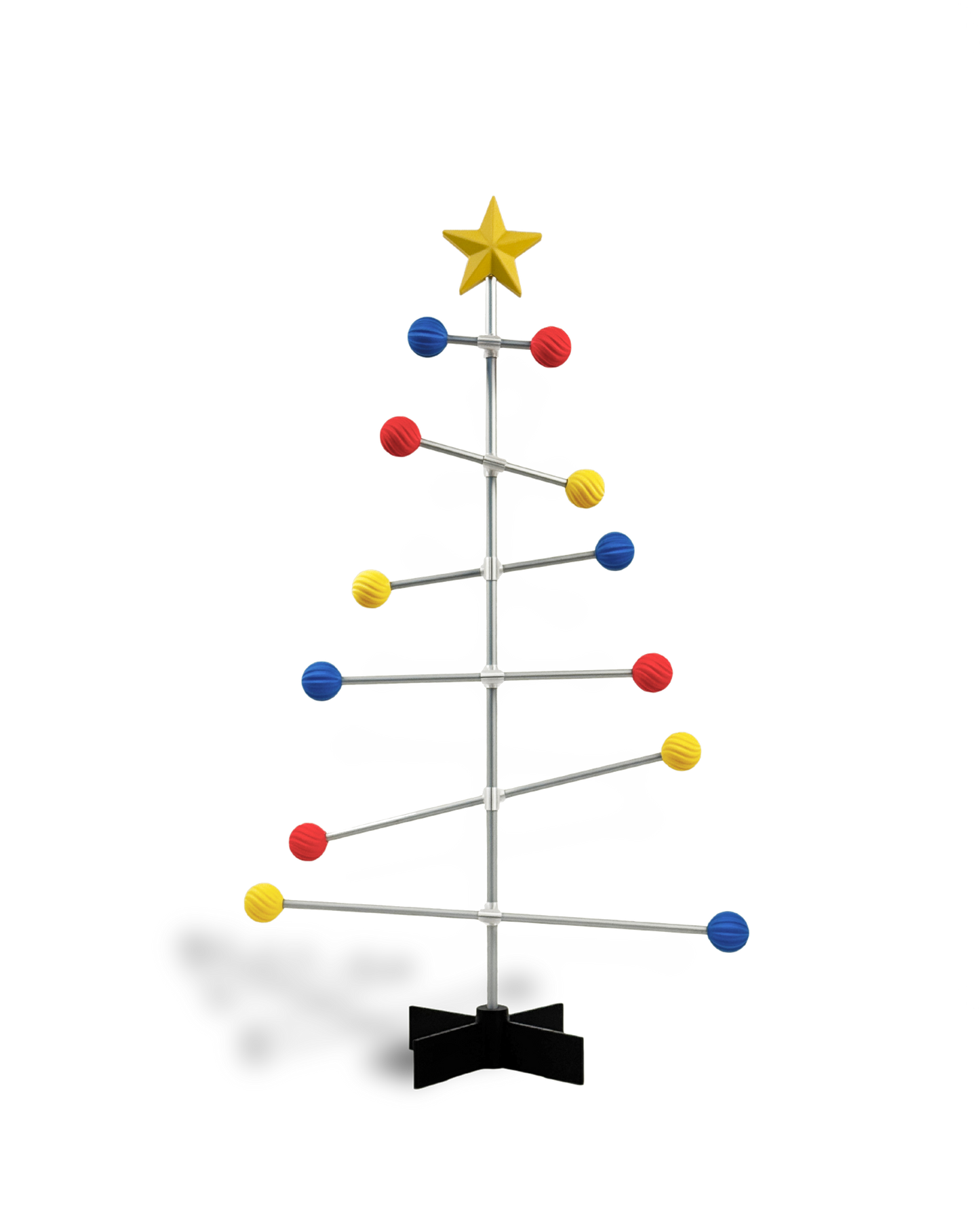 Modularer Bauhaus-Weihnachtsbaum aus Metall mit gelben, blauen und roten Kugeln und einer Spitze mit Stern