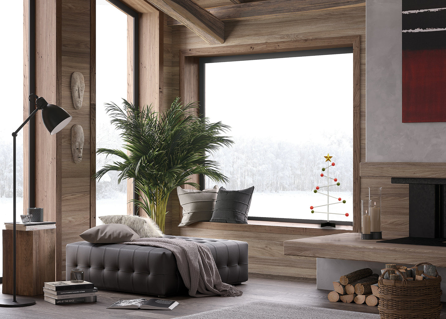 Modern Livingroom with wooden walls, large windows, and a fireplace. There is a modern Christmas tree stand against the window