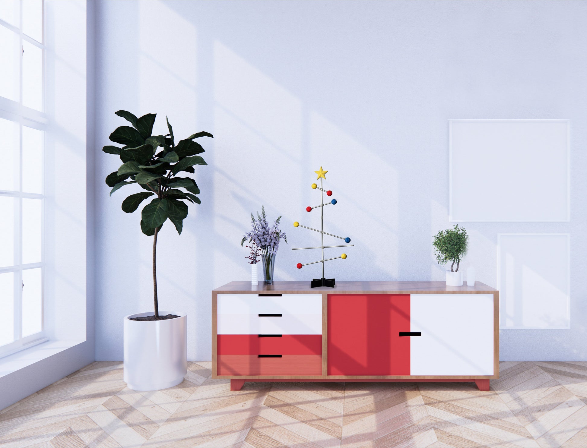 Modern sideboard with red and white design in a minimalistic room with a plant and decorative Bauhaus colored Christmas tree stand on the shelf.