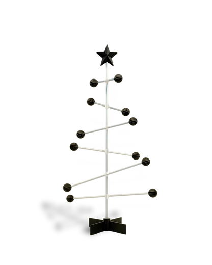 DESY Tree – Moderner modularer Weihnachtsbaum mit schwarzen Kugeln und einem schwarzen Stern.