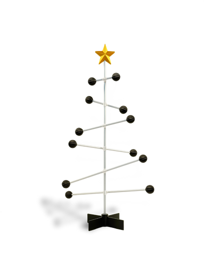 DESY Tree - Modern modular Christmas tree with black spheres and a gold star .