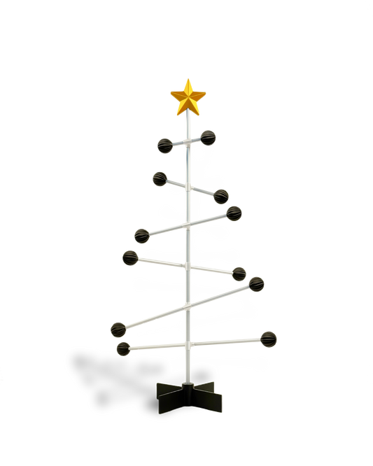 DESY Tree - Modern modular Christmas tree with black spheres and a gold star .