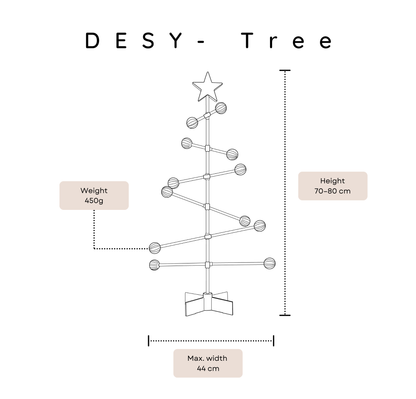 Diagram of a DESY Tree with measurements and weight information on a white background