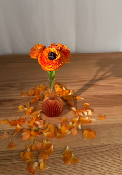 Orange flowers in a vase on a wooden surface with scattered petals.