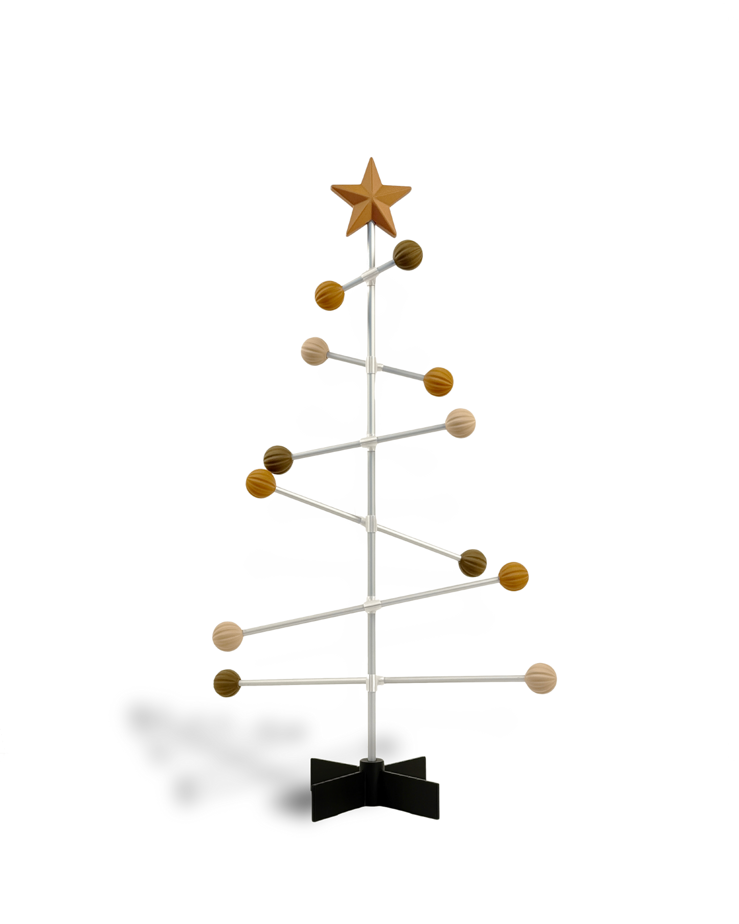 Decorative modern Christmas tree with wooden colored balls and a star on a white background