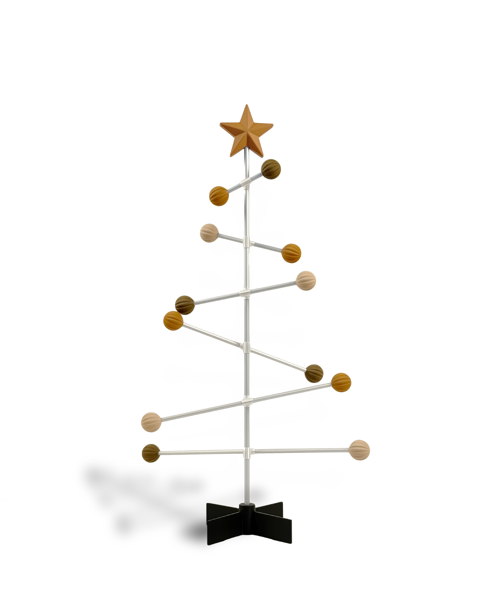 Decorative modern Christmas tree with wooden colored balls and a star on a white background