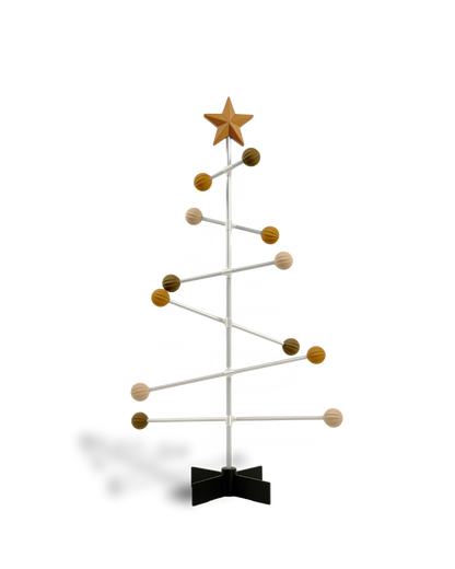 Decorative modern Christmas tree with wooden colored balls and a star on a white background