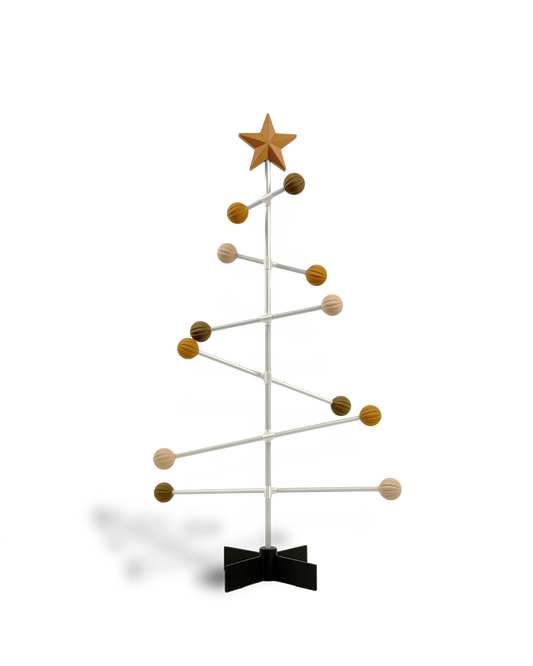 Decorative modern Christmas tree with wooden colored balls and a star on a white background