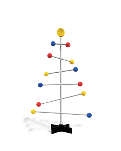 Modular Bauhaus metal Christmas tree with  yellow, blue, and red balls ornament