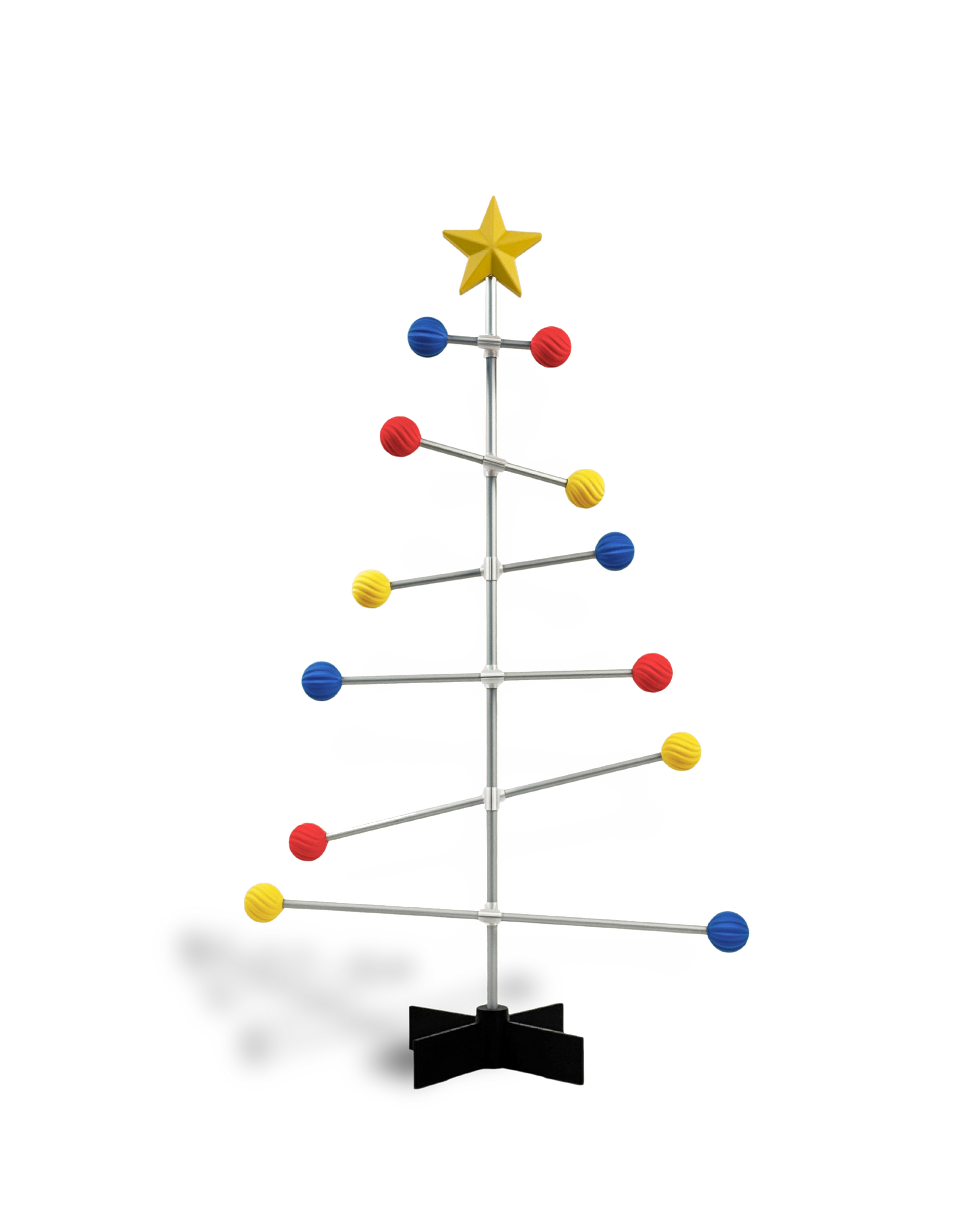 Modularer Bauhaus-Weihnachtsbaum aus Metall mit gelben, blauen und roten Kugeln und einer Spitze mit Stern