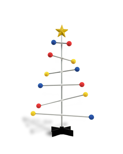 Modularer Bauhaus-Weihnachtsbaum aus Metall mit gelben, blauen und roten Kugeln und einer Spitze mit Stern