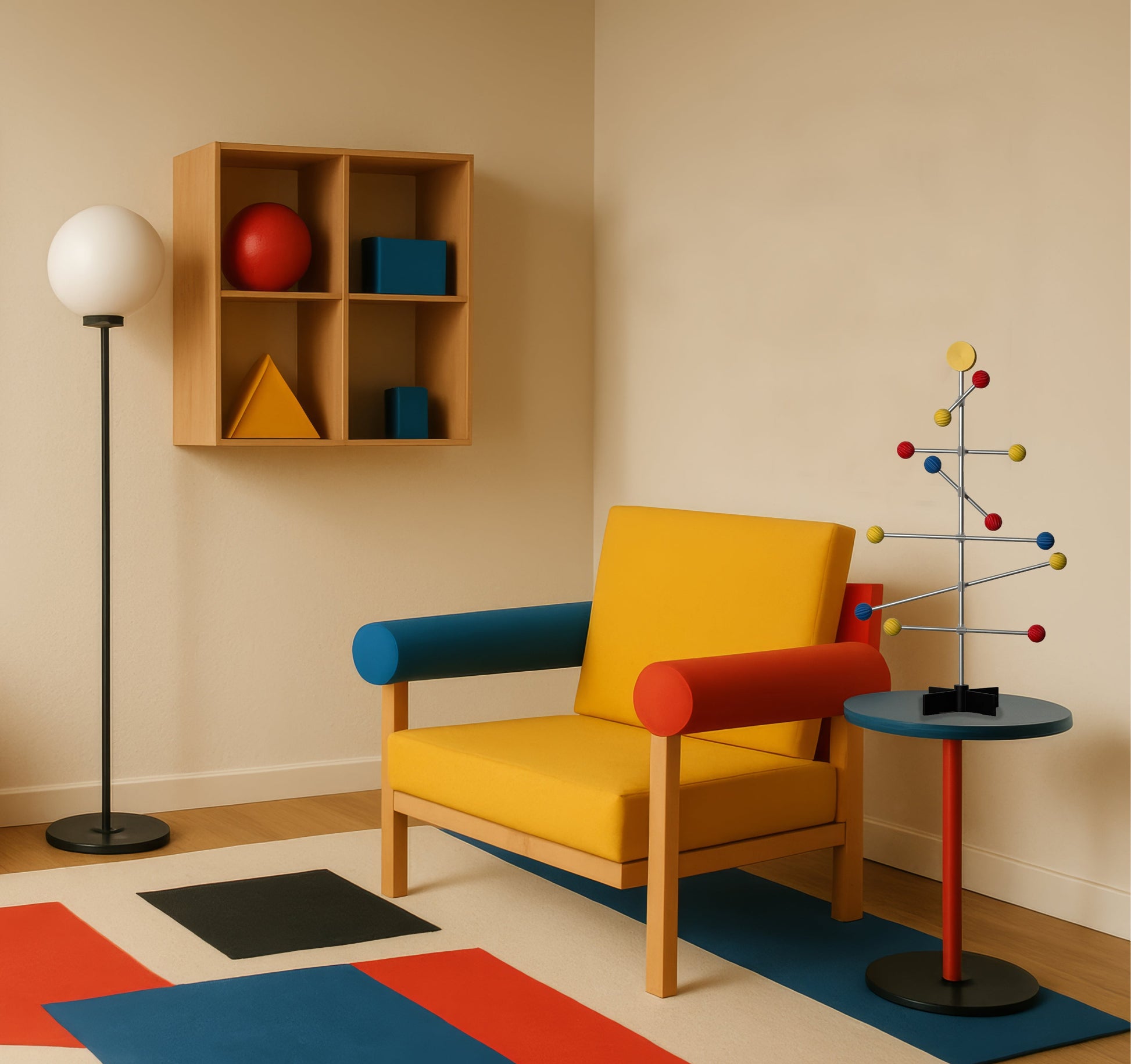 Modernes Wohnzimmer im Bauhausstil mit einem farbenfrohen Sessel, abstrakter Kunst und geometrischen Dekorationen. Und ein Weihnachtsbaumständer im Bauhausstil auf dem Tisch.
