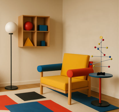 Modernes Wohnzimmer im Bauhausstil mit einem farbenfrohen Sessel, abstrakter Kunst und geometrischen Dekorationen. Und ein Weihnachtsbaumständer im Bauhausstil auf dem Tisch.