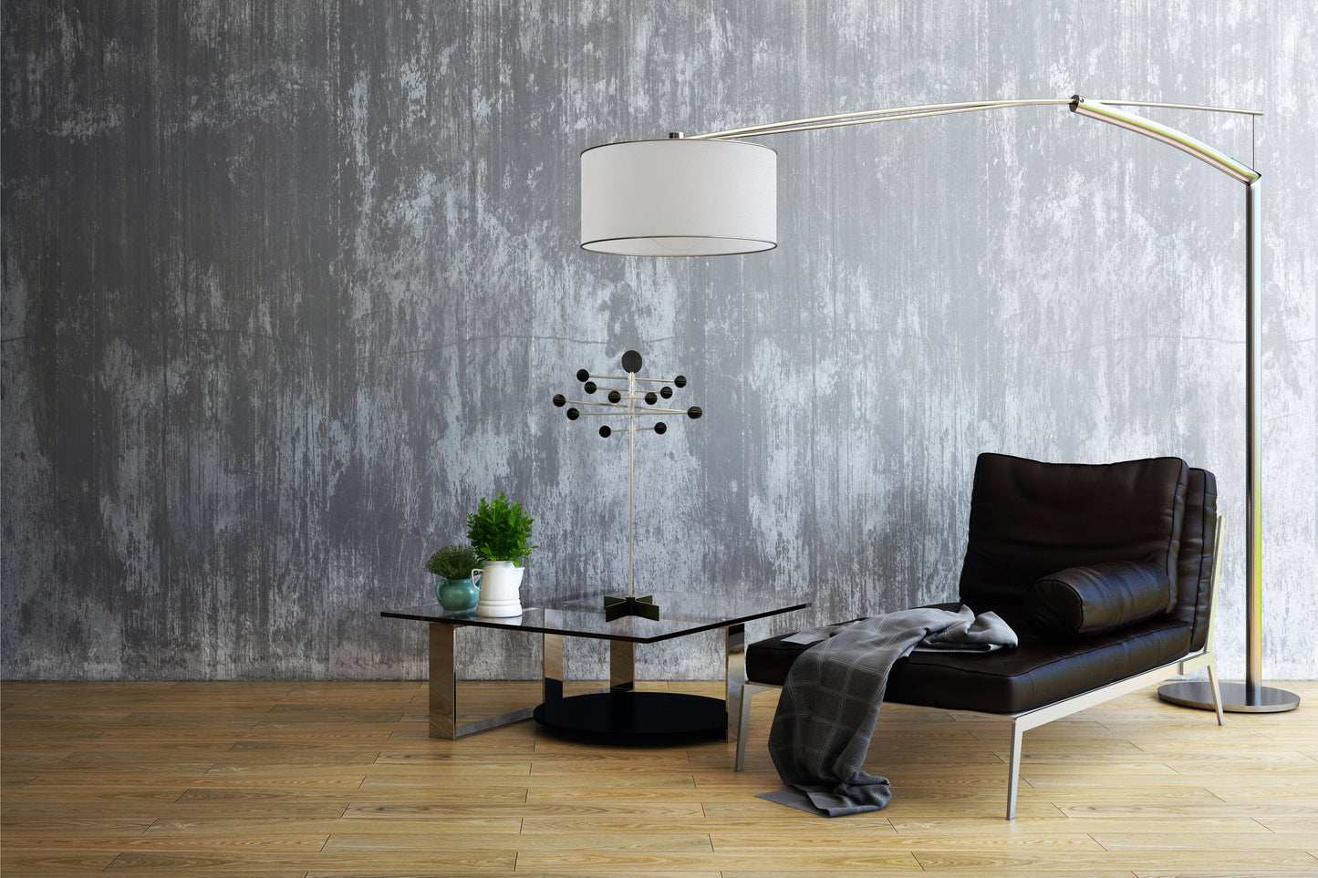 DESY Tree - Modern modular Christmas tree with black spheres in Modern living room with a black sofa, glass coffee table, and floor lamp against a gray wall.