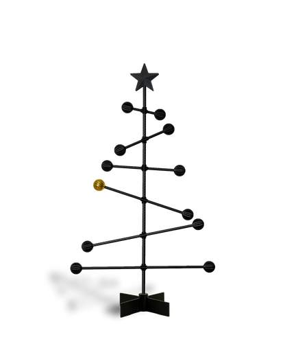 Black metal Christmas tree with star and a golden ball , on a white backgroundnd 