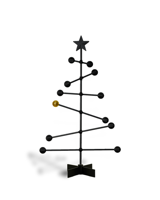 Black metal Christmas tree with star and a golden ball , on a white backgroundnd 