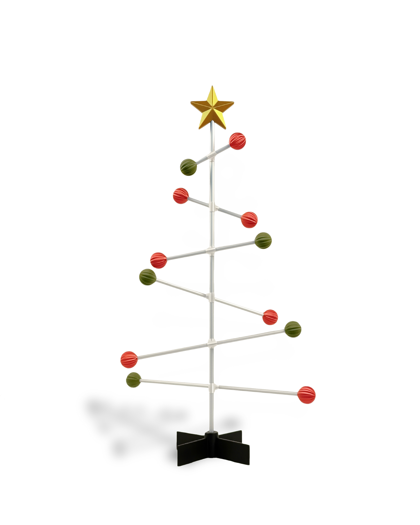 DESY Tree - Modern modular Christmas tree with green and red spheres ornaments and a gold star .