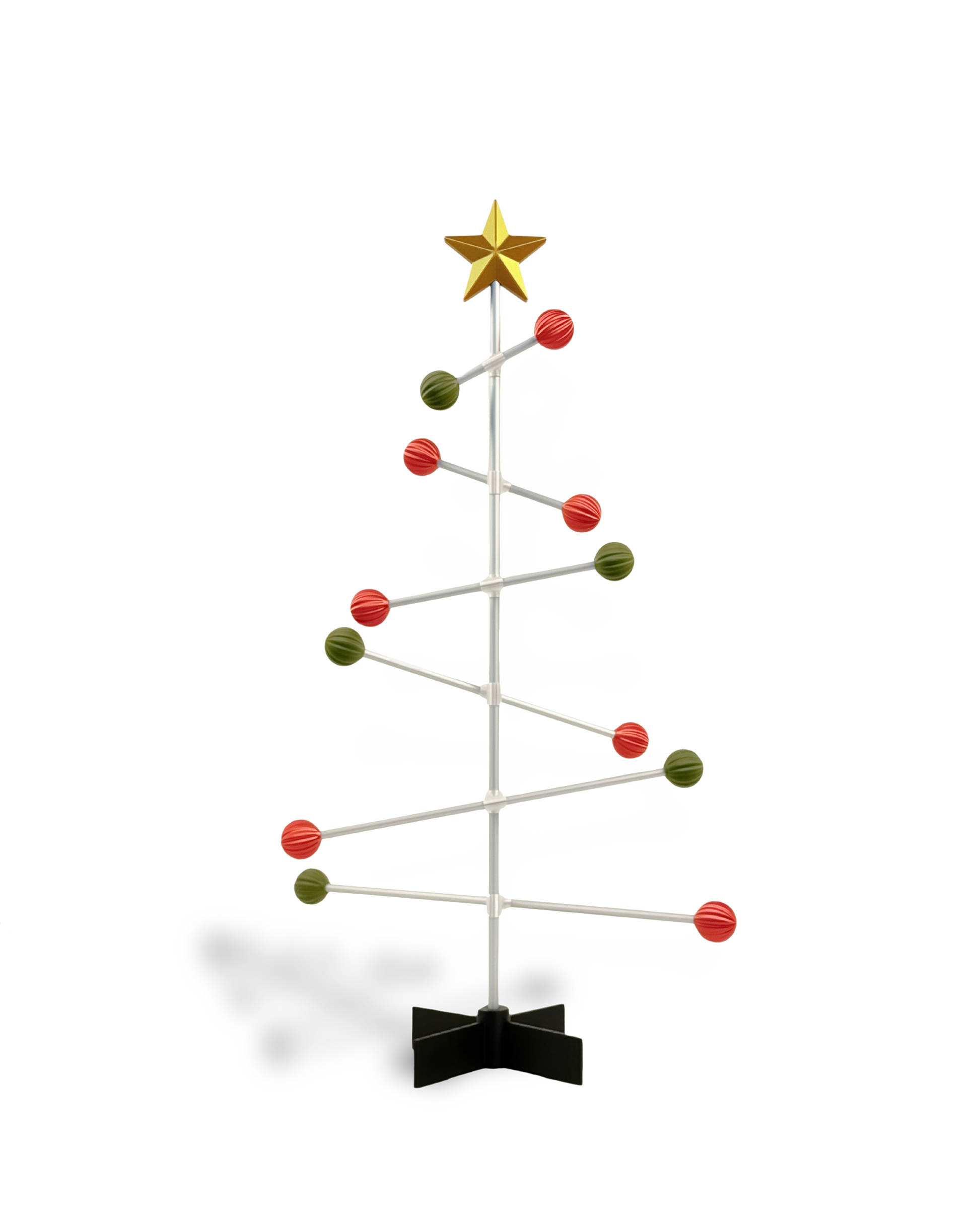DESY Tree - Modern modular Christmas tree with green and red spheres ornaments and a gold star .