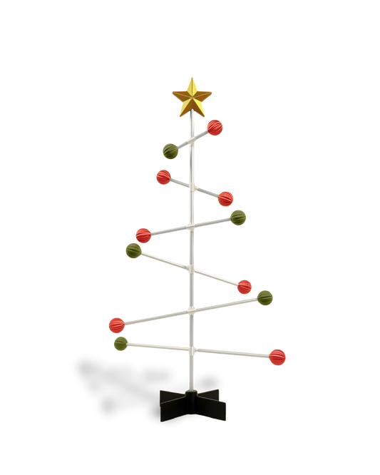 DESY Tree - Modern modular Christmas tree with green and red spheres ornaments and a gold star .