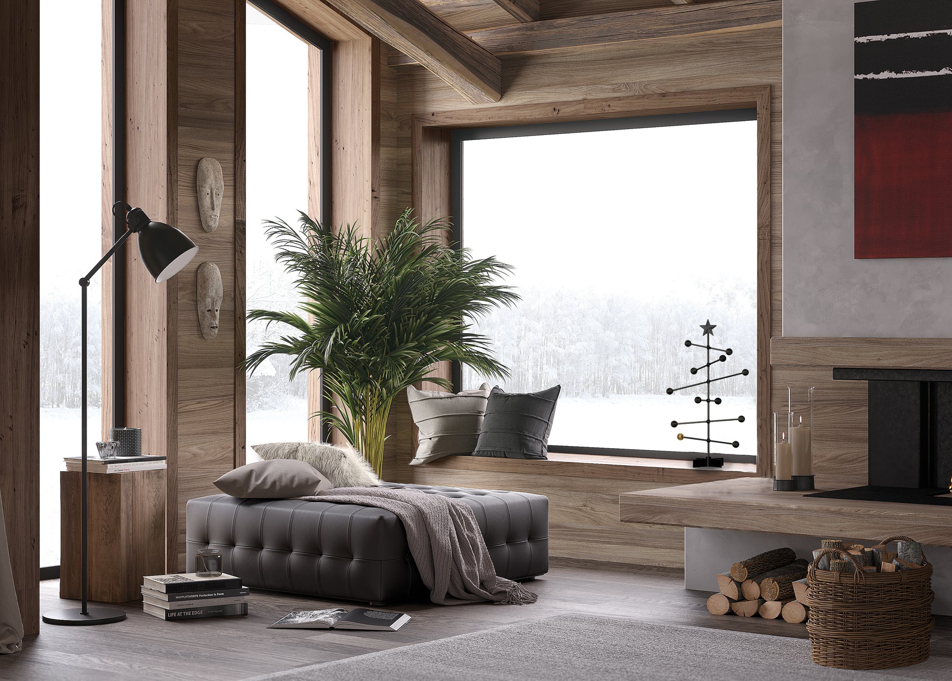 Modern Livingroom with wooden walls, large windows, and a fireplace.  There is a black  Christmas tree stand against the big window and outside is snowing