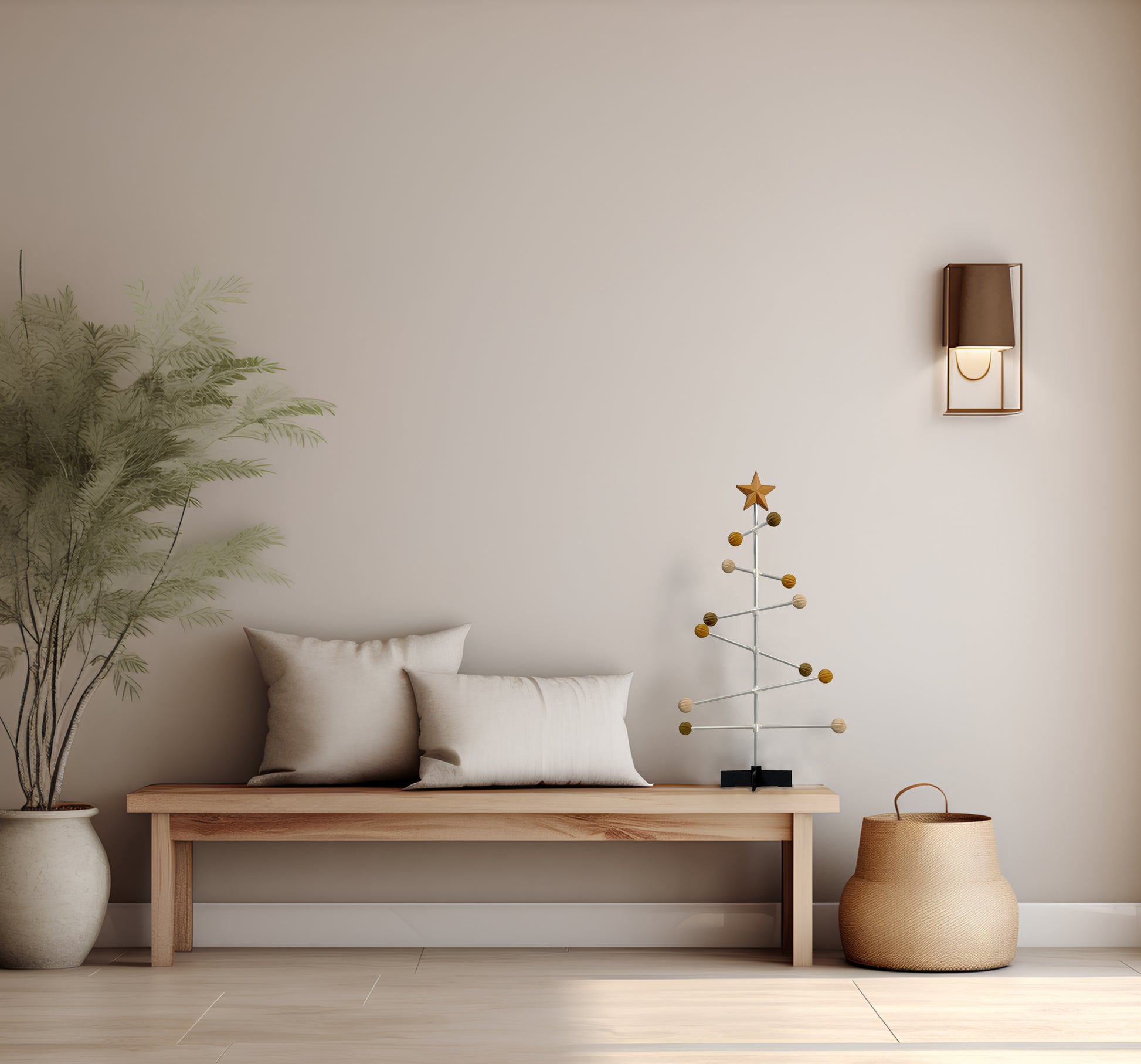 Modern interior with a wooden bench, decorative pillows, and a autumn decoration , wooden Christmas tree against a plain wall.