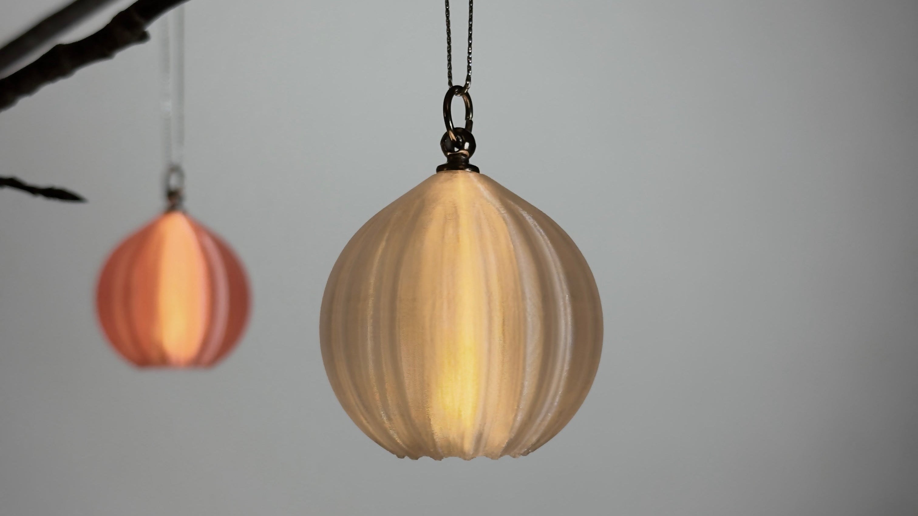 Two hanging light fixtures on a branch against a gray background