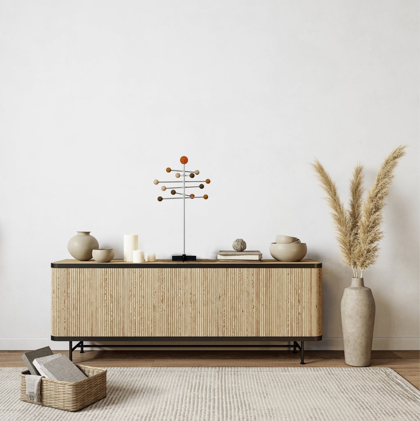 Wooden sideboard with wooden  decorative sculpture in a minimalistic room