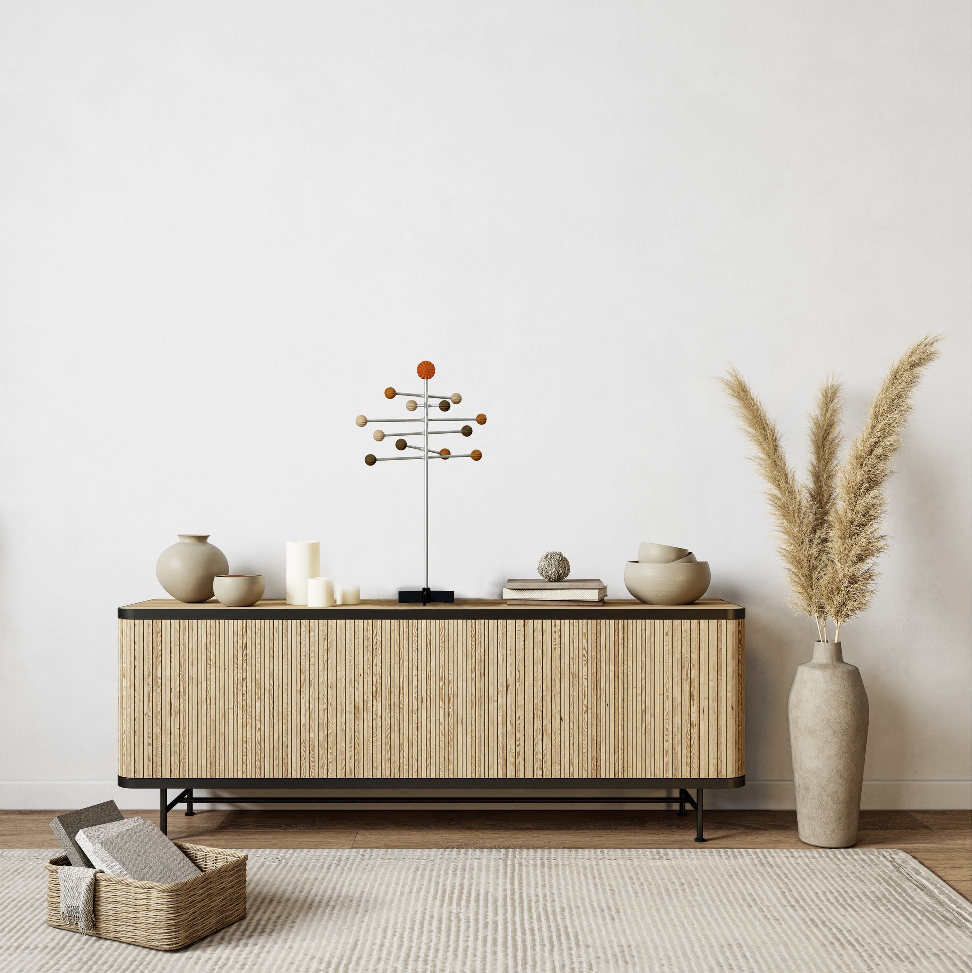 Wooden sideboard with wooden  decorative sculpture in a minimalistic room