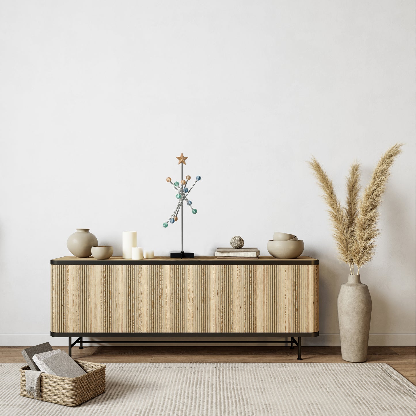 Wooden sideboard with a pastel easter color decorative tree in a minimalistic room